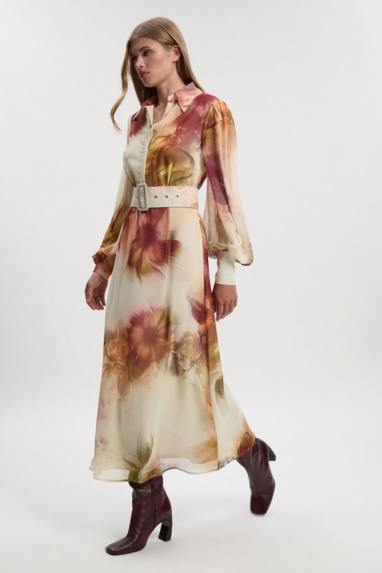 karen millen Floral Print Georgette Belted Woven Shirt Dress floral