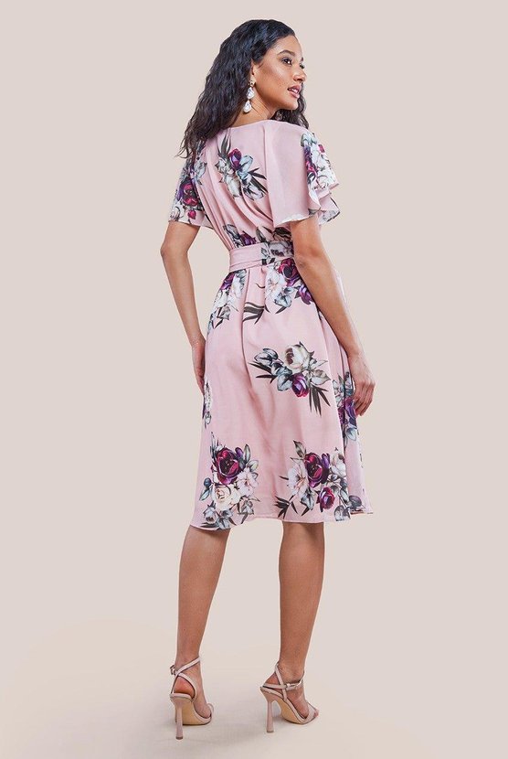 Karen Millen Floral Print Midi Wrap Dress With Butterfly Sleeves Peach