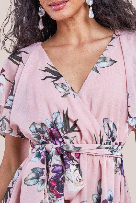 Karen Millen Floral Print Midi Wrap Dress With Butterfly Sleeves Peach