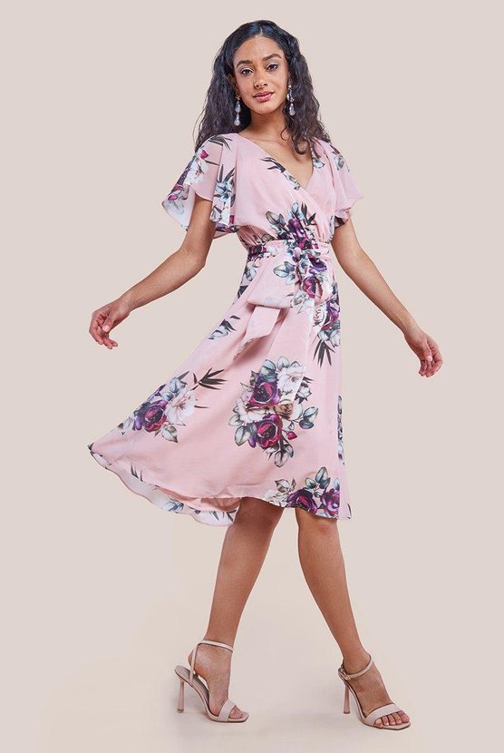karen millen Floral Print Midi Wrap Dress With Butterfly Sleeves Peach