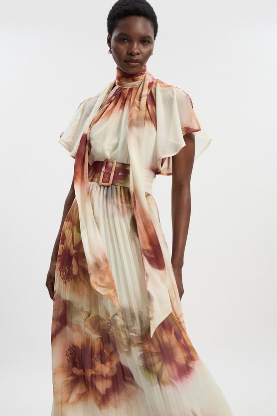 Karen Millen Floral Print Pussy Bow Tie Georgette Belted Woven Midi Dress Floral