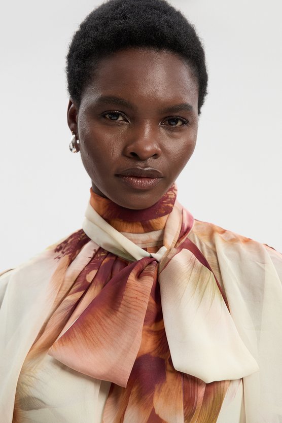 Karen Millen Floral Print Pussy Bow Tie Georgette Belted Woven Midi Dress Floral