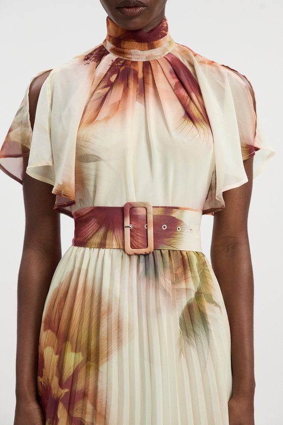 Karen Millen Floral Print Pussy Bow Tie Georgette Belted Woven Midi Dress Floral