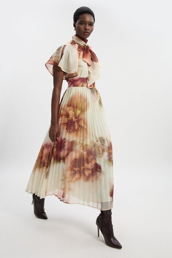 karen millen Floral Print Pussy Bow Tie Georgette Belted Woven Midi Dress floral