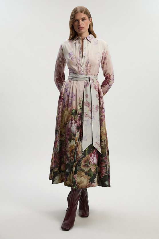 Karen Millen Floral Print Silk Cotton Long Sleeve Woven Maxi Dress Floral