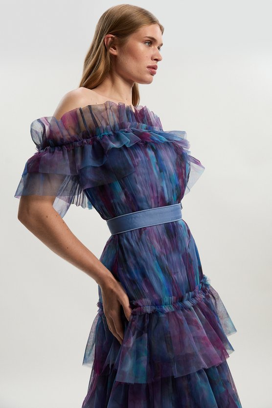 Karen Millen Floral Print Tulle Layered Off The Shoulder Maxi Dress Floral