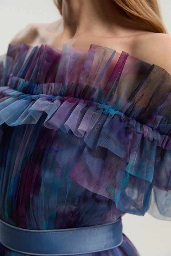 Karen Millen Floral Print Tulle Layered Off The Shoulder Maxi Dress Floral