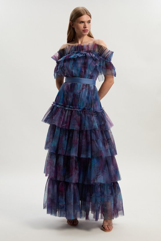 karen millen Floral Print Tulle Layered Off The Shoulder Maxi Dress floral