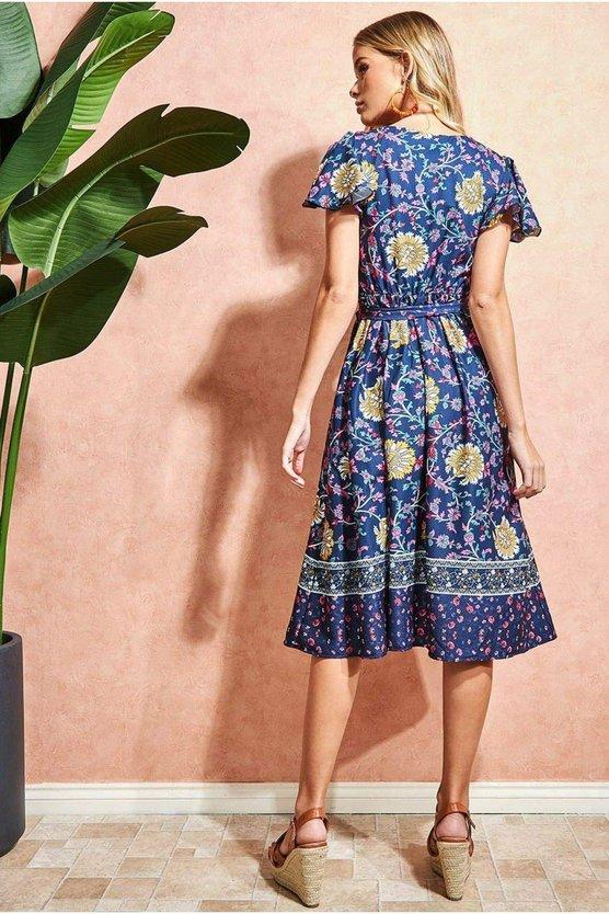 Karen Millen Floral Print Wrap Midi With Flutter Sleeves Navy