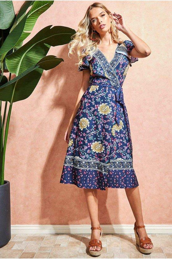 karen millen Floral Print Wrap Midi With Flutter Sleeves Navy