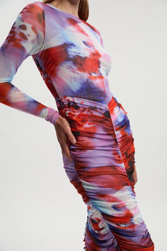 Karen Millen Floral Printed Mesh Ruched Long Sleeve Maxi Dress Lilac