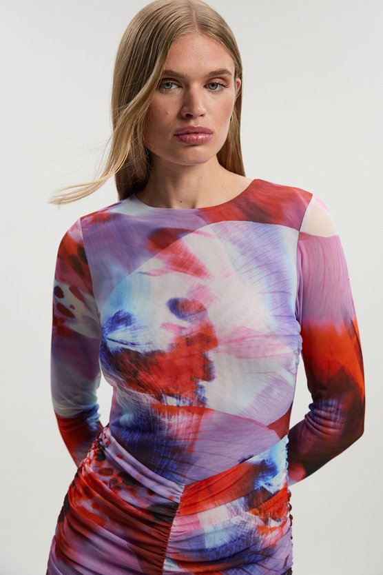 Karen Millen Floral Printed Mesh Ruched Long Sleeve Maxi Dress Lilac