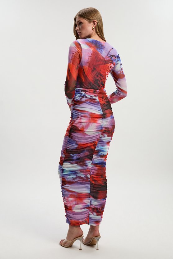 Karen Millen Floral Printed Mesh Ruched Long Sleeve Maxi Dress Lilac