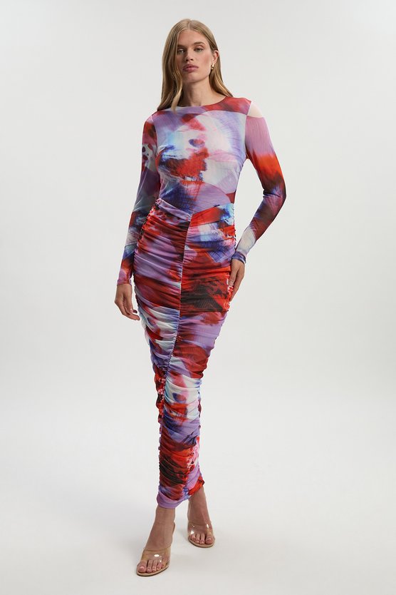 karen millen Floral Printed Mesh Ruched Long Sleeve Maxi Dress lilac karen millen Floral Printed Mesh Ruched Long Sleeve Maxi Dress lilac