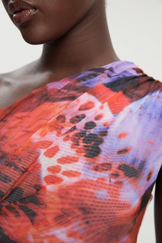 Karen Millen Floral Printed Mesh Ruched One Shoulder Maxi Dress Lilac