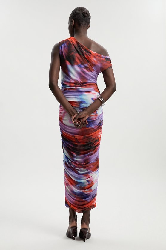 Karen Millen Floral Printed Mesh Ruched One Shoulder Maxi Dress Lilac