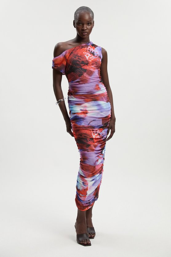 karen millen Floral Printed Mesh Ruched One Shoulder Maxi Dress lilac karen millen Floral Printed Mesh Ruched One Shoulder Maxi Dress lilac