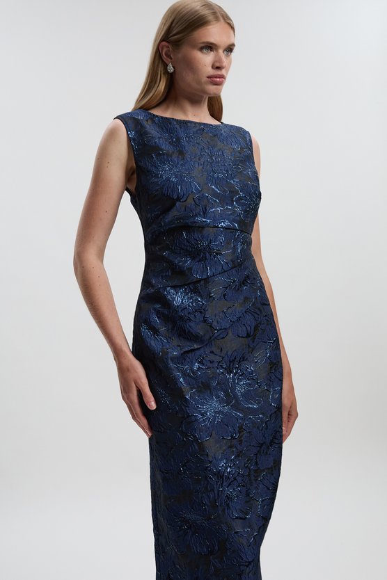 Karen Millen Floral Textured Jacquard Asymmetric Pencil Dress Blue
