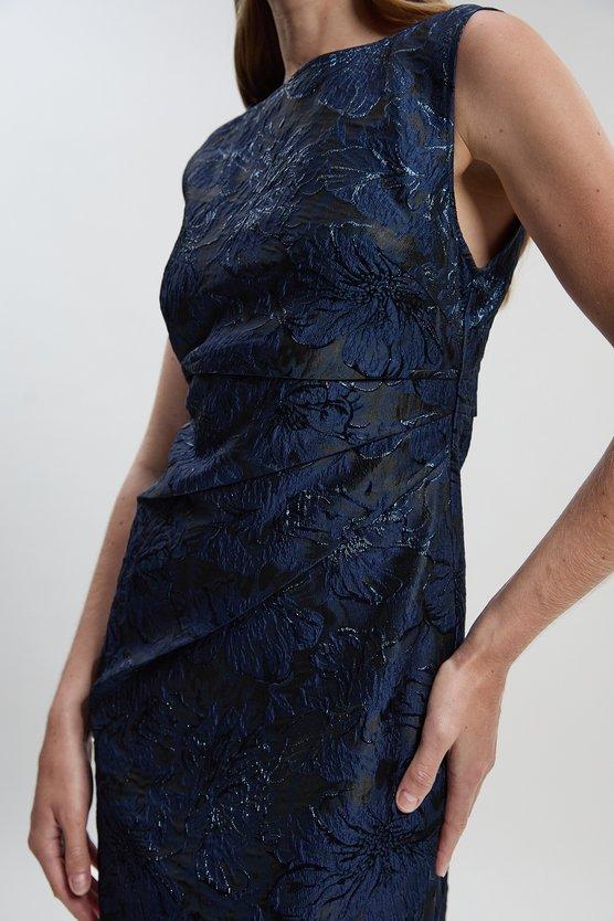 Karen Millen Floral Textured Jacquard Asymmetric Pencil Dress Blue