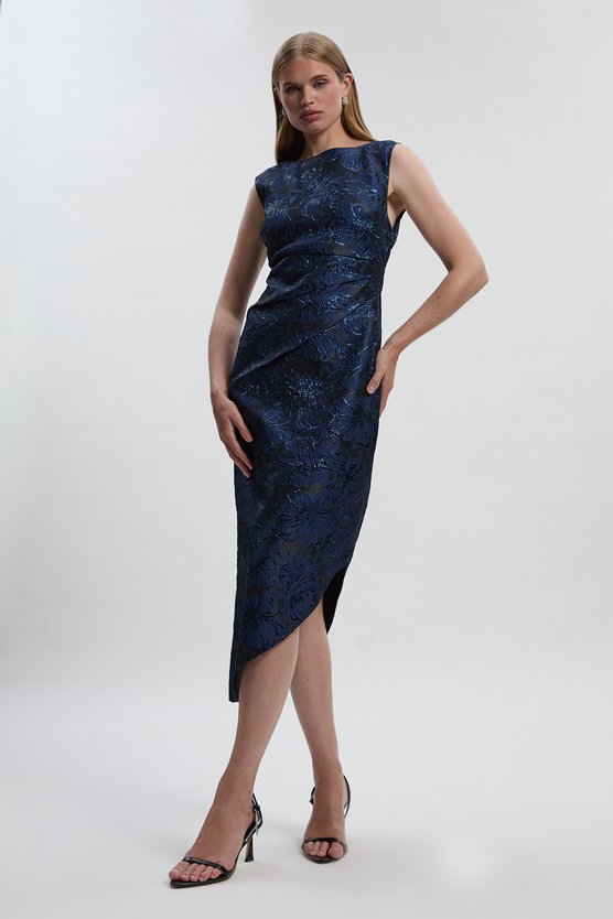 karen millen Floral Textured Jacquard Asymmetric Pencil Dress blue karen millen Floral Textured Jacquard Asymmetric Pencil Dress blue