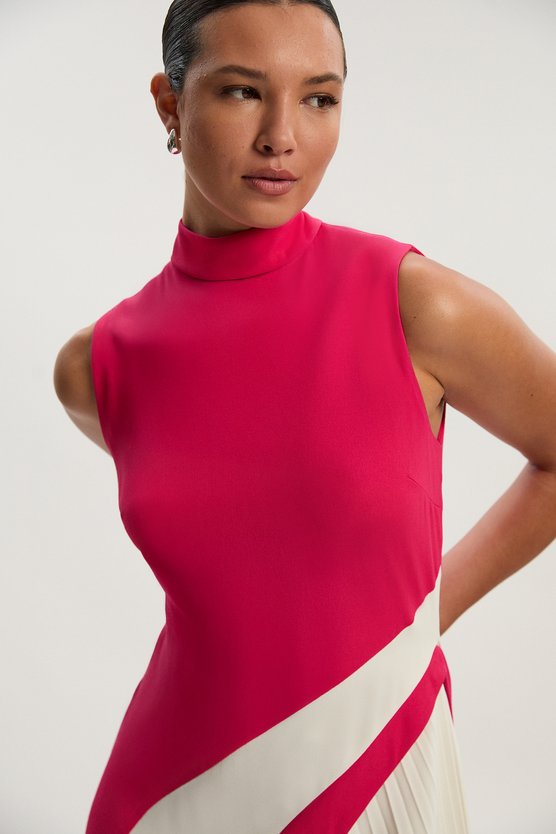 Karen Millen Fluid Tailored Colourblock High Neck Pleated Midi Dress Raspberry