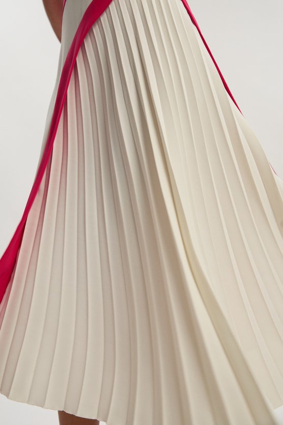 Karen Millen Fluid Tailored Colourblock High Neck Pleated Midi Dress Raspberry