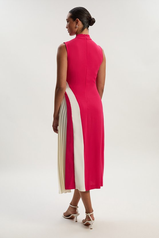 Karen Millen Fluid Tailored Colourblock High Neck Pleated Midi Dress Raspberry