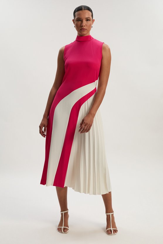 karen millen Fluid Tailored Colourblock High Neck Pleated Midi Dress raspberry