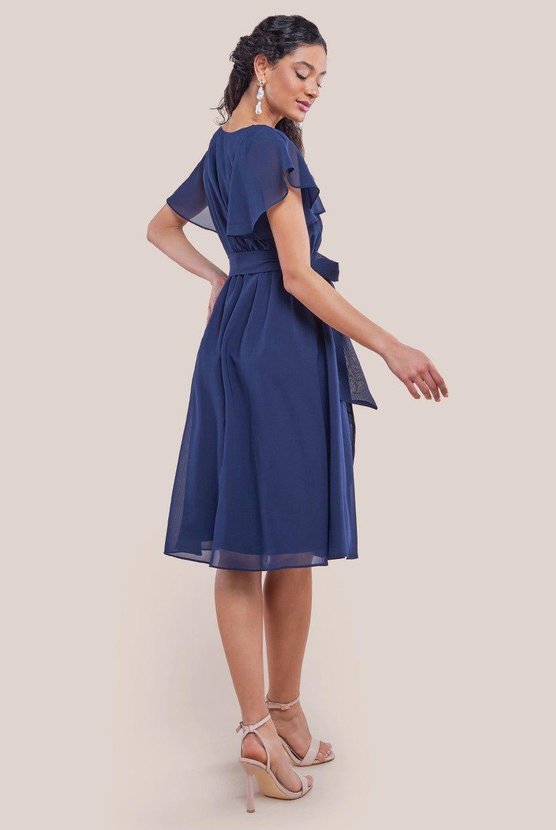 Karen Millen Flutter Sleeve Chiffon Wrap Midi Dress Navy