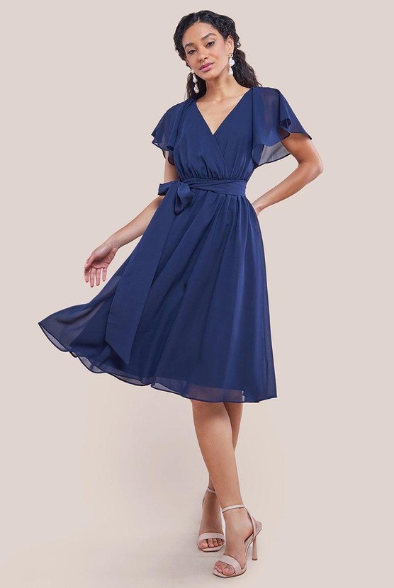 karen millen Flutter Sleeve Chiffon Wrap Midi Dress Navy