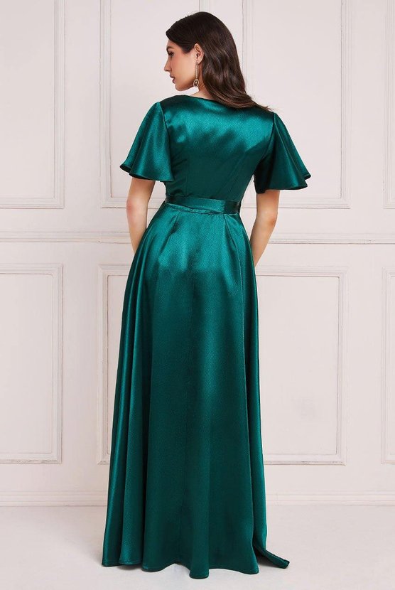 Karen Millen Flutter Sleeve Wrapover Satin Maxi Dress Emerald