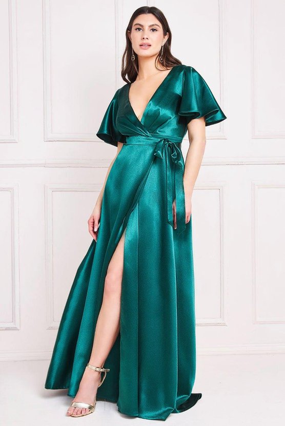 karen millen Flutter Sleeve Wrapover Satin Maxi Dress Emerald