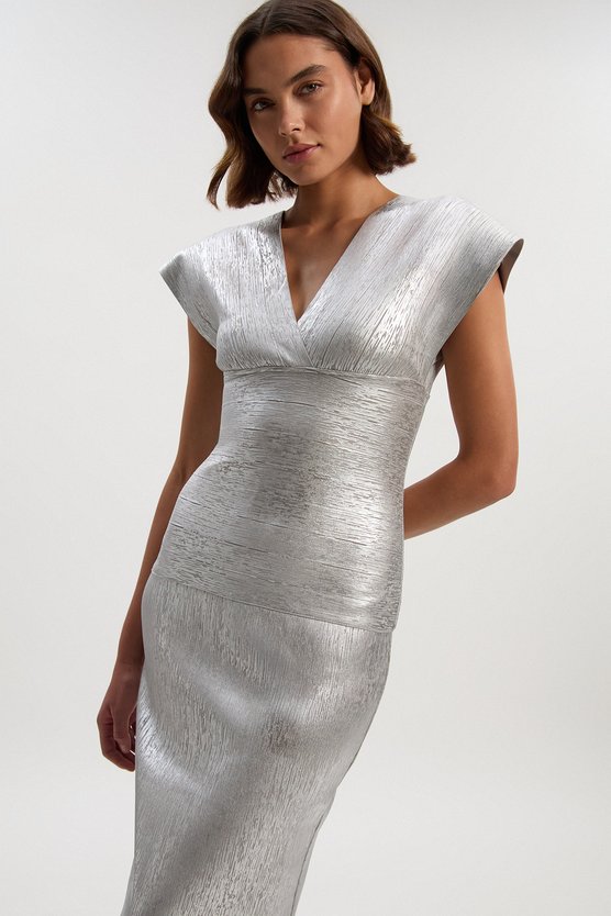 Karen Millen Foil Metallic Figure Form Angel Sleeve Knit Maxi Dress Silver