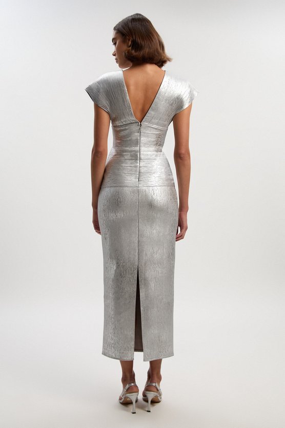 Karen Millen Foil Metallic Figure Form Angel Sleeve Knit Maxi Dress Silver