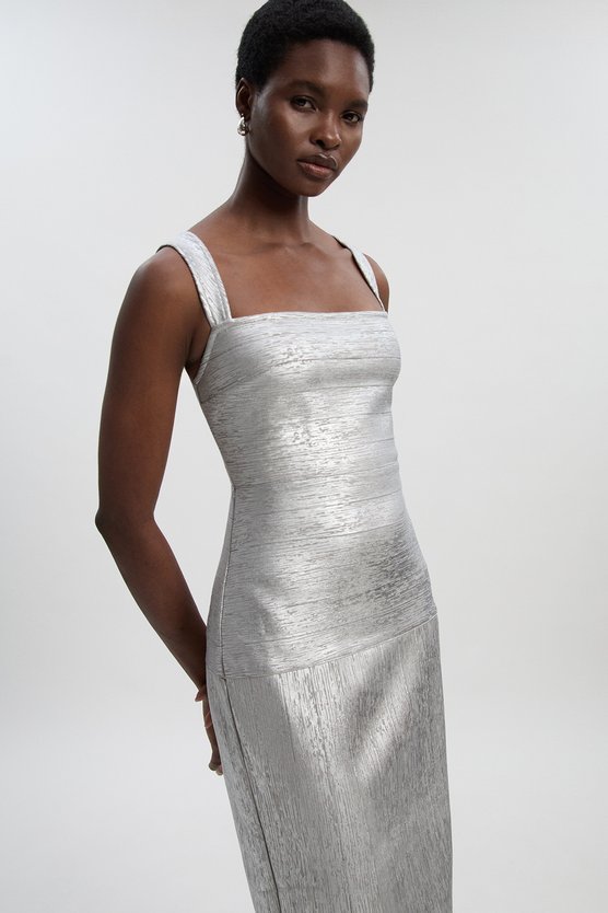 Karen Millen Foil Metallic Figure Form Strappy Knit Maxi Dress Silver