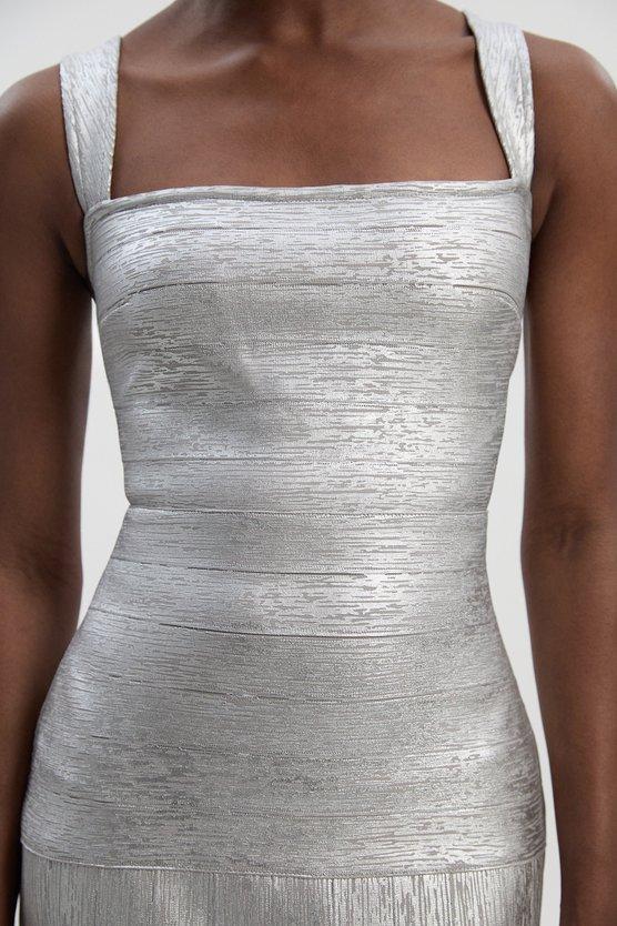 Karen Millen Foil Metallic Figure Form Strappy Knit Maxi Dress Silver