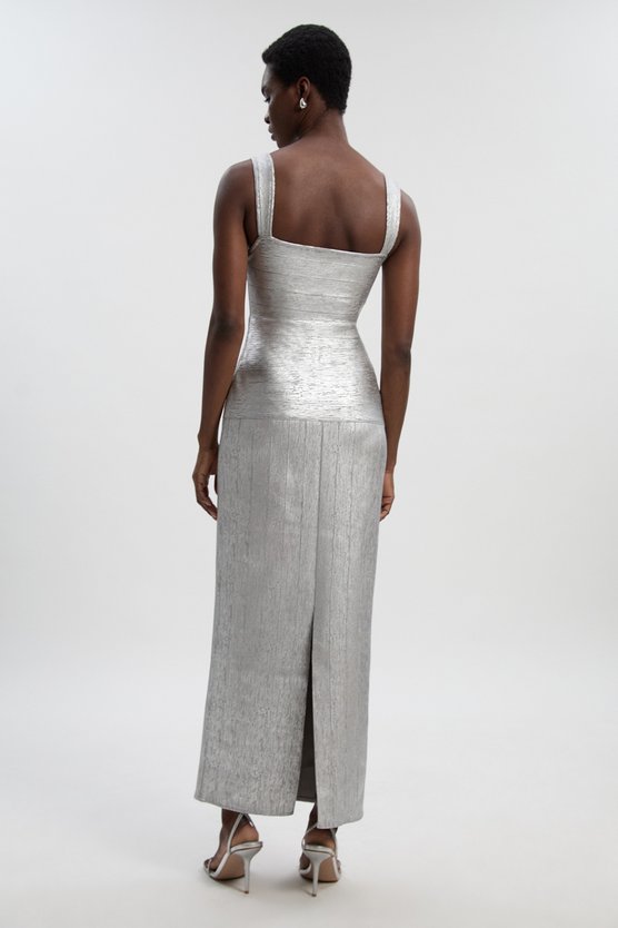 Karen Millen Foil Metallic Figure Form Strappy Knit Maxi Dress Silver