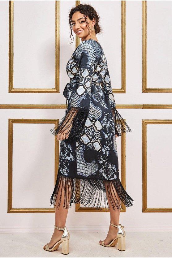 Karen Millen Foil Print Wrap Midi With Tassels Black