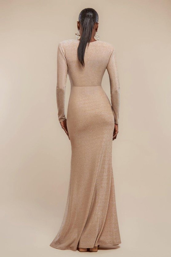 Karen Millen Front Wrap Lurex Bodycon Maxi Dress Nude