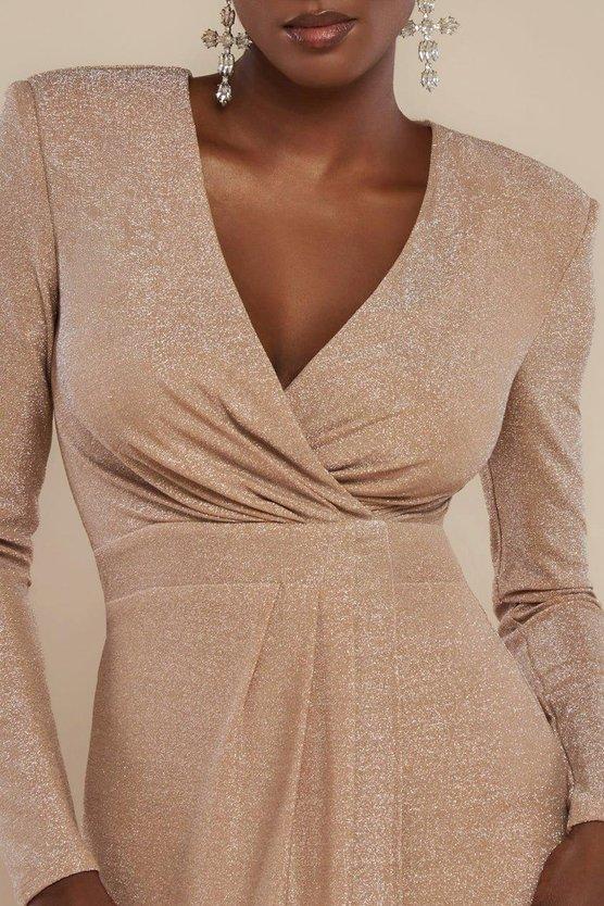 Karen Millen Front Wrap Lurex Bodycon Maxi Dress Nude