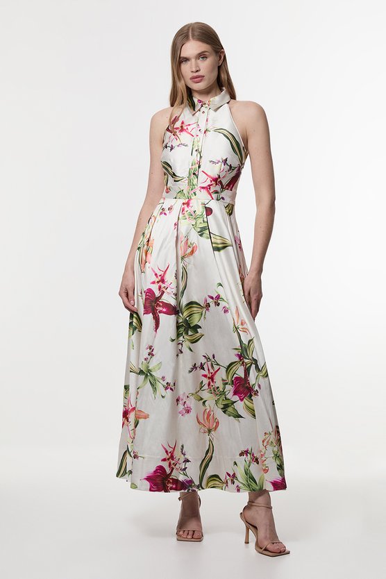 Karen Millen Garden Floral Twill Collared Maxi Dress Floral