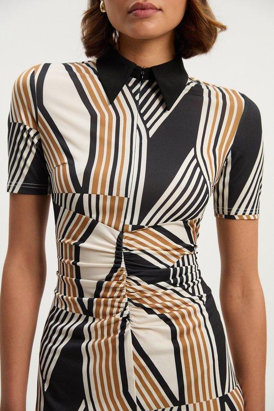 Karen Millen Geo Print Crepe Collared Midi Dress Black