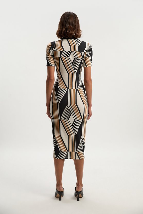 Karen Millen Geo Print Crepe Collared Midi Dress Black