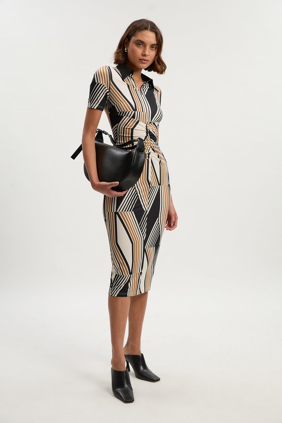 Karen Millen Geo Print Crepe Collared Midi Dress Black