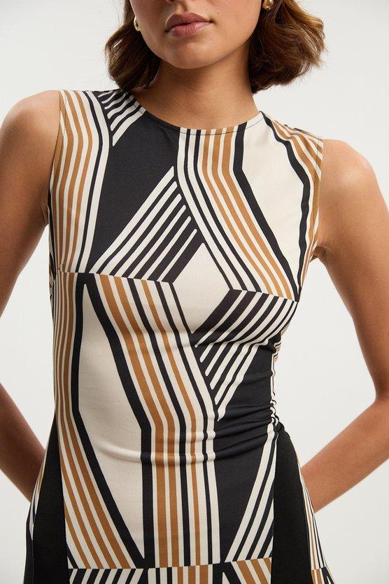 Karen Millen Geo Print Crepe Pleated Maxi Dress Black