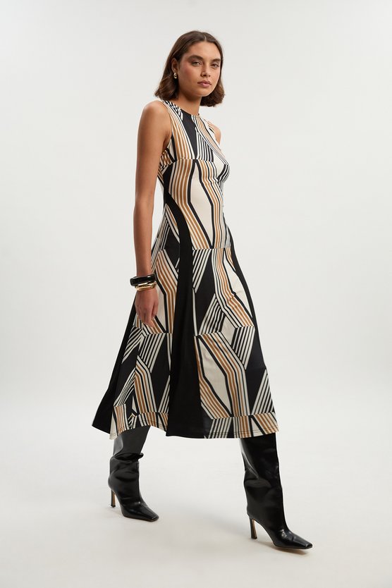 karen millen Geo Print Crepe Pleated Maxi Dress black