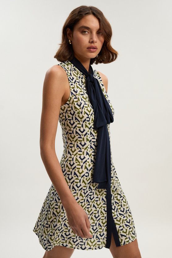 karen millen Geo Print Crepe Tie Neck Mini Dress mono karen millen Geo Print Crepe Tie Neck Mini Dress mono