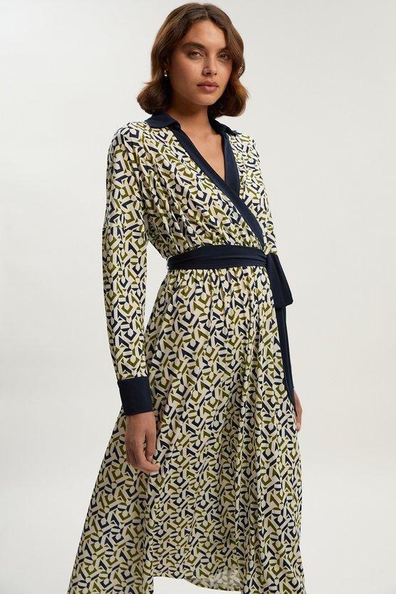 Karen Millen Geo Print Crepe Tie Waist Maxi Dress Mono