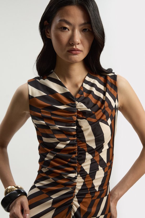 Karen Millen Geo Printed Jersey Crepe Hanky Hem Maxi Dress Rust