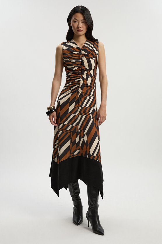 Karen Millen Geo Printed Jersey Crepe Hanky Hem Maxi Dress Rust